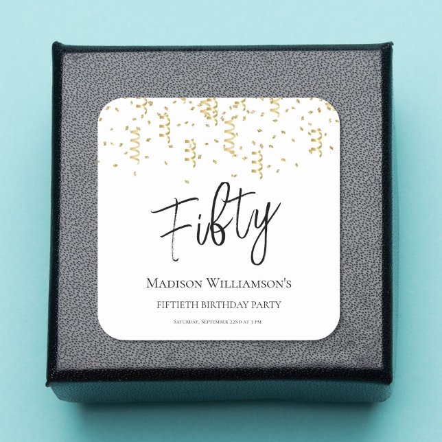 Pegatina Cuadrada Negro, Blanco y Oro Cincuenta, Fiesta de Cumpleaño (Subido por el creador)