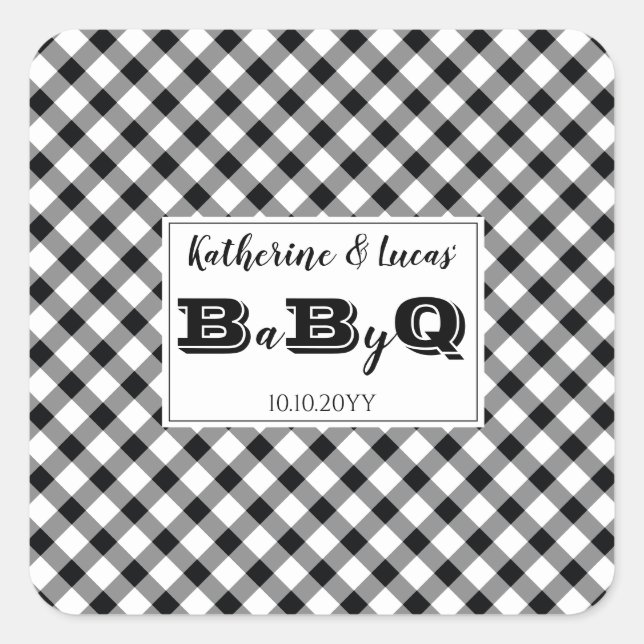 Pegatina Cuadrada Negro | Cheques blancos Bebé Q BBQ Shower (Anverso)