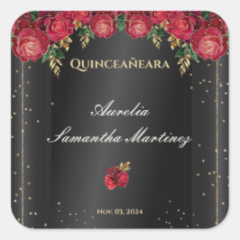 Pegatina Cuadrada Negro con rosas rojas Quinceañera Calcamonias