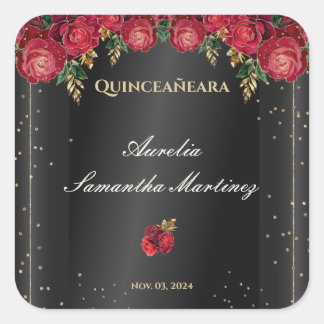 Pegatina Cuadrada Negro con rosas rojas Quinceañera Calcamonias