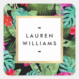 Pegatina Cuadrada Negro de Diseñador de Acuarela de Impresión Tropic