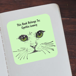 Pegatina Cuadrada Negro Dibujo gato Cara Grandes ojos Verde claro