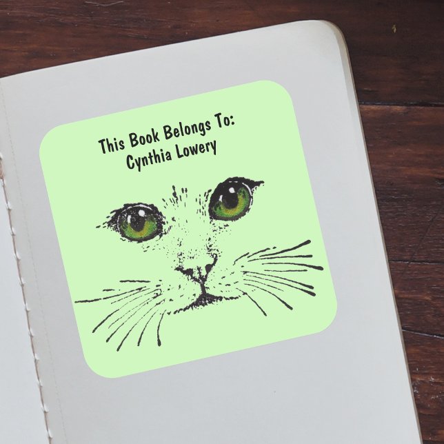 Pegatina Cuadrada Negro Dibujo gato Cara Grandes ojos Verde claro (Subido por el creador)