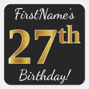 Pegatina Cuadrada Negro, Faux Gold 27th Birthday + Nombre personaliz