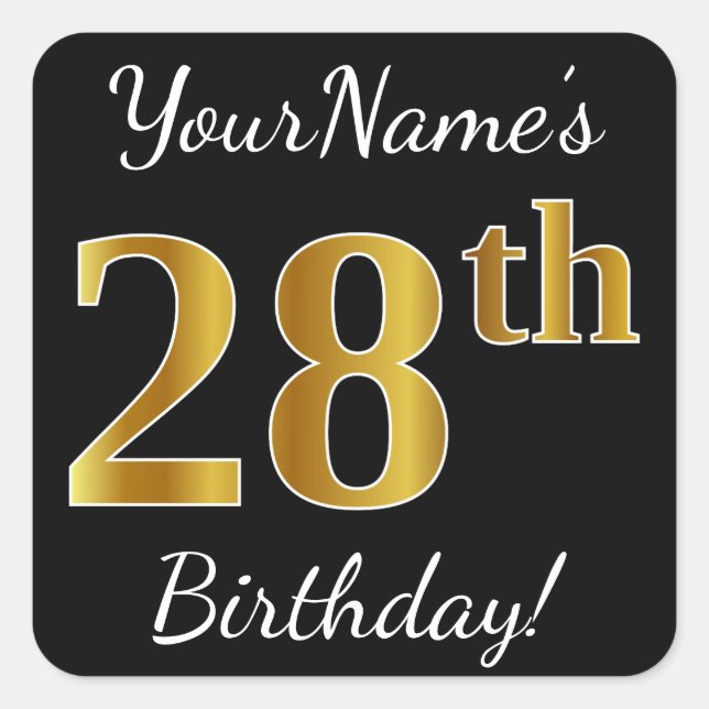 Pegatina Cuadrada Negro, Faux Gold 28th Birthday + Nombre personaliz (Anverso)