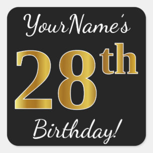 Pegatina Cuadrada Negro, Faux Gold 28th Birthday + Nombre personaliz