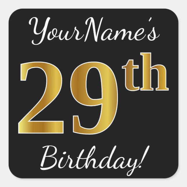 Pegatina Cuadrada Negro, Faux Gold 29th Birthday + Nombre personaliz (Anverso)