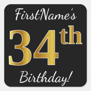 Pegatina Cuadrada Negro, Faux Gold 34th Birthday + Nombre personaliz