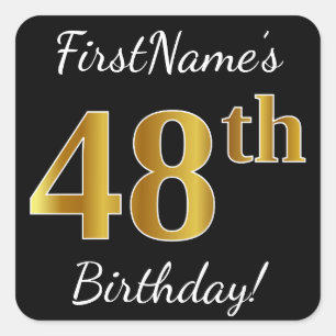 Pegatina Cuadrada Negro, Faux Gold 48th Birthday + Nombre personaliz