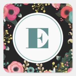 Pegatina Cuadrada Negro floral moderno | Rosa | Boda de monograma Ve