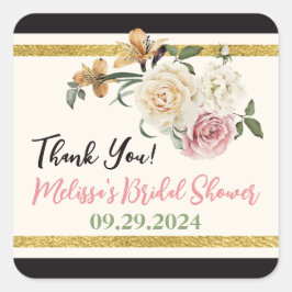 Pegatina Cuadrada Negro, marfil, Bouquet floral de oro