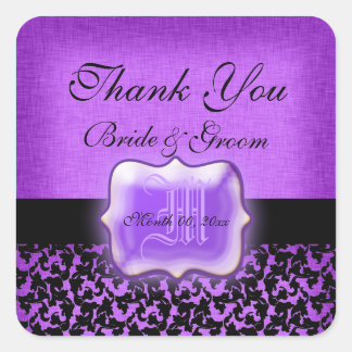 Pegatina Cuadrada Negro morado "gracias" boda damasco