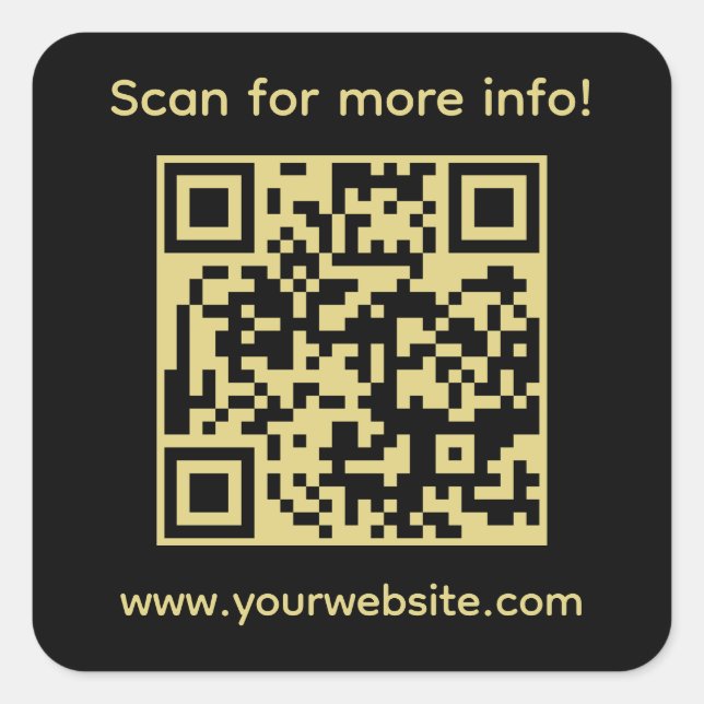 Pegatina Cuadrada Negro, oro, código QR y texto personalizado (Anverso)