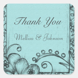 Pegatina Cuadrada Negro vintage y azul acuático gracias