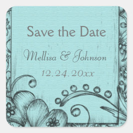 Pegatina Cuadrada Negro vintage y azul acuático salvan la fecha