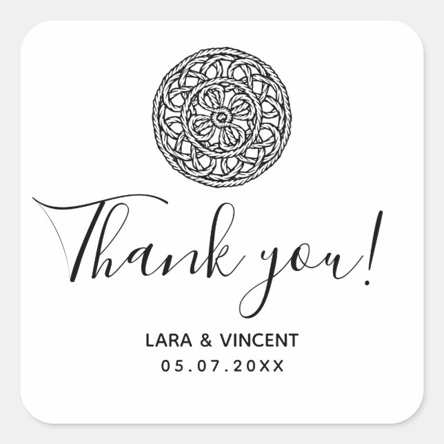 Pegatina Cuadrada Negro y blanco Gracias estilo de macrame (Anverso)