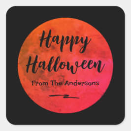 Pegatina Cuadrada Negro y Naranja asusta Luna llena Feliz Halloween
