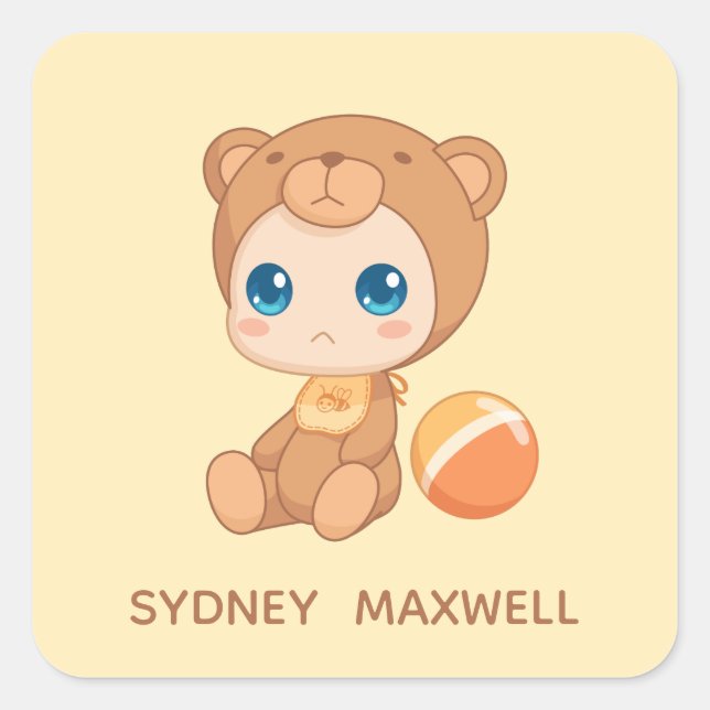 Pegatina Cuadrada Nene Niño Chica Traje de oso Nombre personalizado  (Anverso)