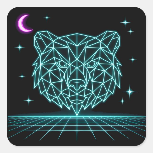 Pegatina Cuadrada Neon Bear Synthwave - Bestia del Bosque Retro (Anverso)