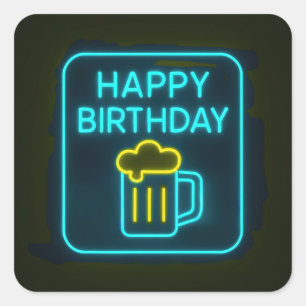 Pegatina Cuadrada Neon Birday Beer Mug On Black