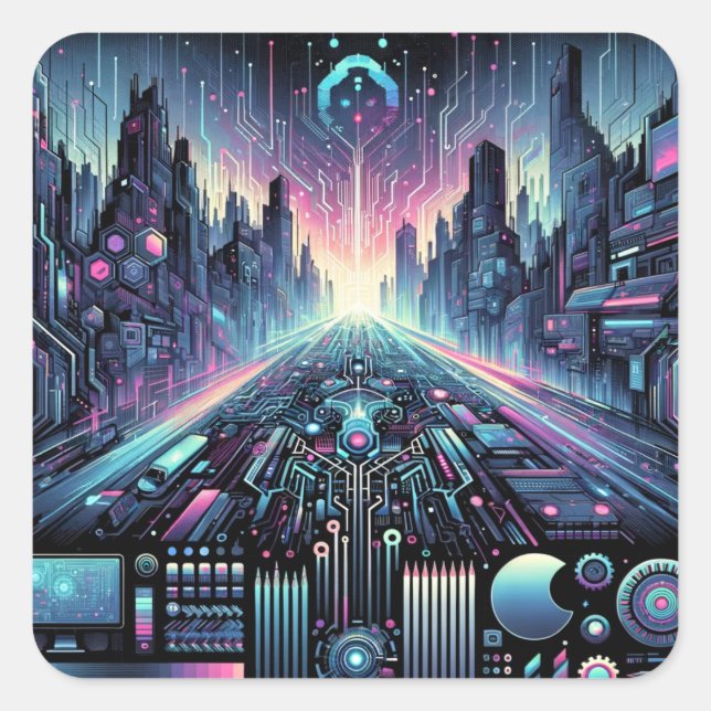 Pegatina Cuadrada Neon Cyberworld (Anverso)