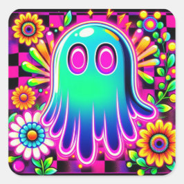 Pegatina Cuadrada Neon Floral Retro Ghost Halloween