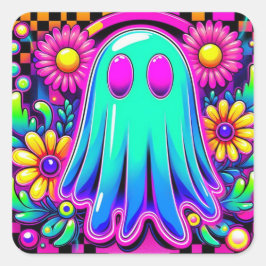 Pegatina Cuadrada Neon Floral Retro Ghost Halloween