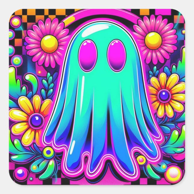 Pegatina Cuadrada Neon Floral Retro Ghost Halloween (Anverso)