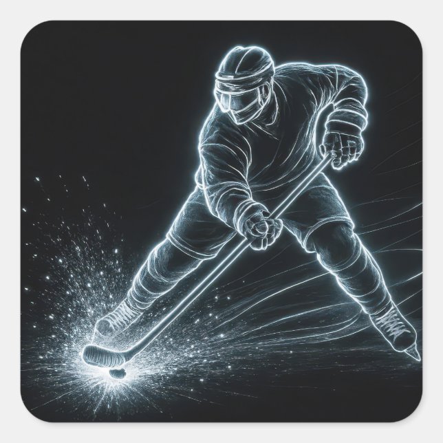 Pegatina Cuadrada Neon Hockey Player On Ice (Anverso)
