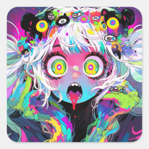 Pegatina Cuadrada Neon Kawaii Shockwave: Psicodélico Chica de anime