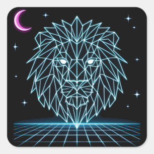 Pegatina Cuadrada Neon Lion Synthwave - Rey Predador Retro