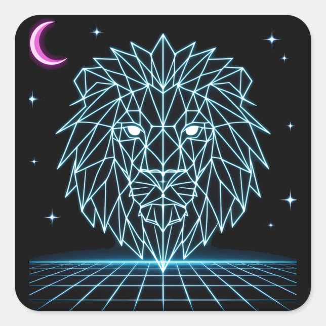Pegatina Cuadrada Neon Lion Synthwave - Rey Predador Retro (Anverso)