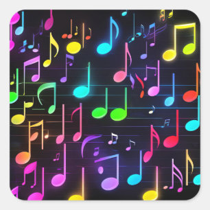 Pegatina Cuadrada Neon Music Notes On Black