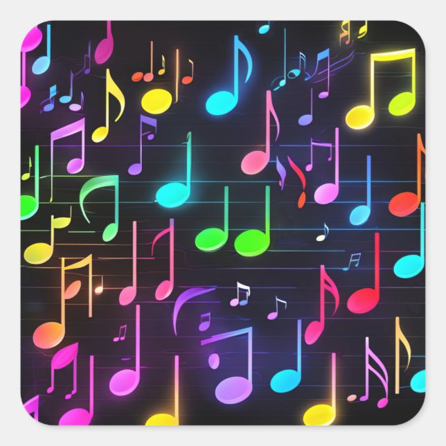Pegatina Cuadrada Neon Music Notes On Black (Anverso)