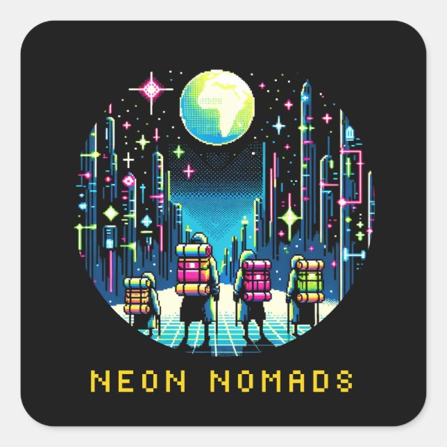 Pegatina Cuadrada Neon Nomads de 8 bits - Cyberpunk City Adventure (Anverso)