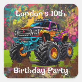 Pegatina Cuadrada Neon Paint Splatter Monster Truck fiesta de cumple