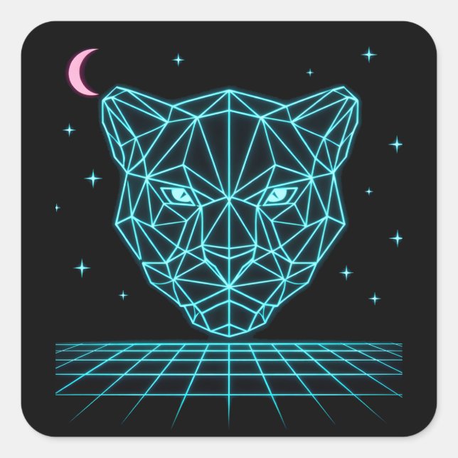 Pegatina Cuadrada Neon Panther - Synthwave Oscuro Eléctrico (Anverso)