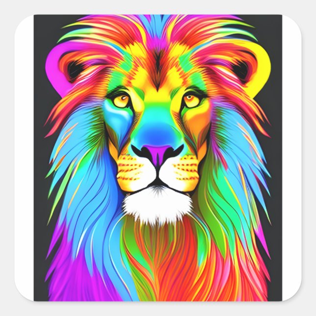 Pegatina Cuadrada Neon Rainbow Lion (Anverso)
