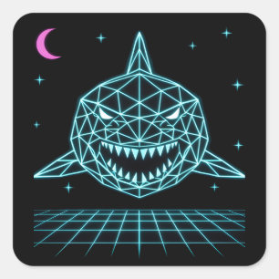 Pegatina Cuadrada Neon Shark Synthwave - Depredador del Océano Retro
