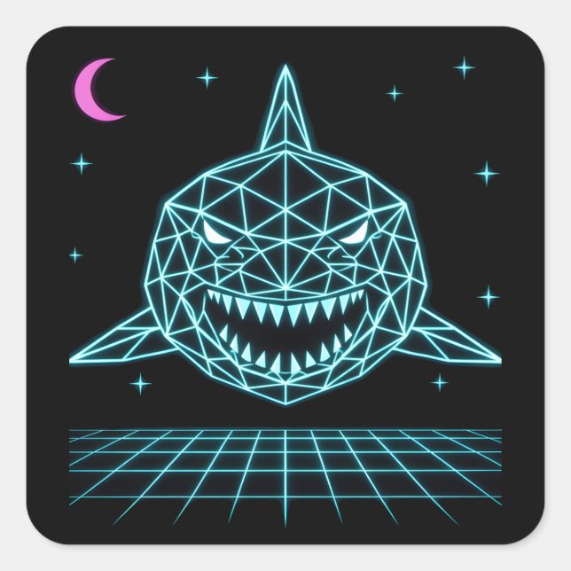 Pegatina Cuadrada Neon Shark Synthwave - Retro Ocean Predator (Anverso)