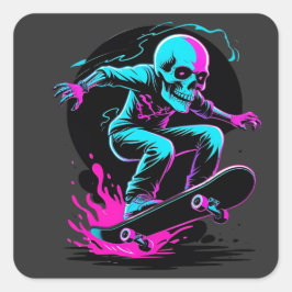 Pegatina Cuadrada Neon Skull Skateboard Art - Diseño Edgy Skater