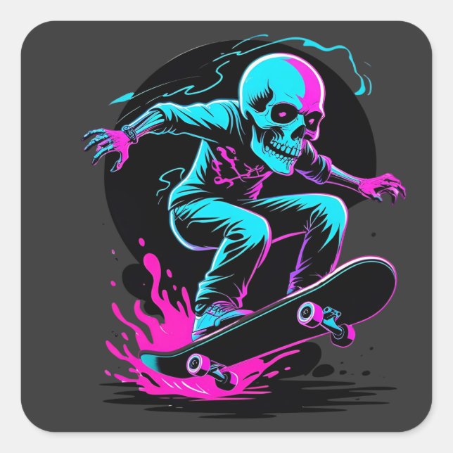 Pegatina Cuadrada Neon Skull Skateboard Art - Diseño Edgy Skater (Anverso)