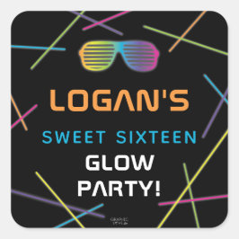 Pegatina Cuadrada Neon Sweet 16 Birthday Glow Fiesta