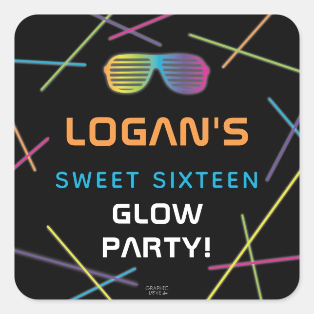 Pegatina Cuadrada Neon Sweet 16 Birthday Glow Fiesta (Anverso)