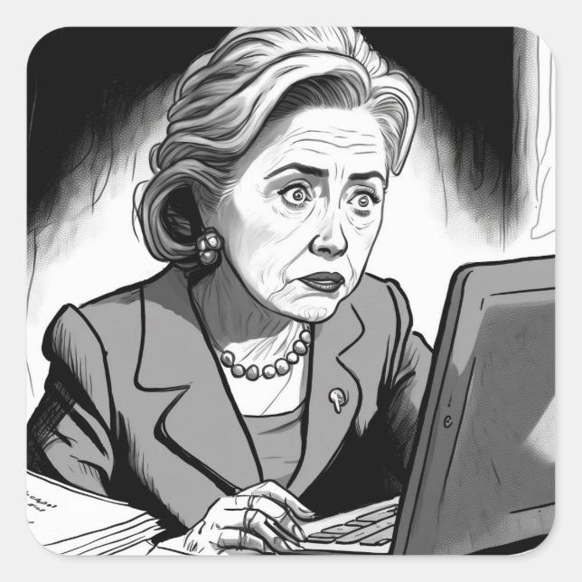 Pegatina Cuadrada Nervioso y asustado: Hillary Clinton borrando corr (Anverso)