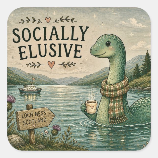Pegatina Cuadrada Nessie esquiva socialmente críptido acogedor Loch  (Anverso)