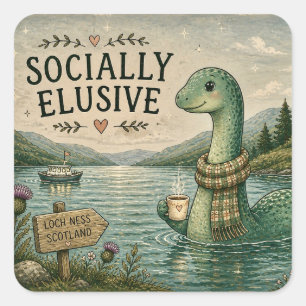 Pegatina Cuadrada Nessie esquiva socialmente criptozoológico Loch Ne