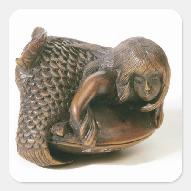 Pegatina Cuadrada Netsuke tallado en forma de sirena (Anverso)