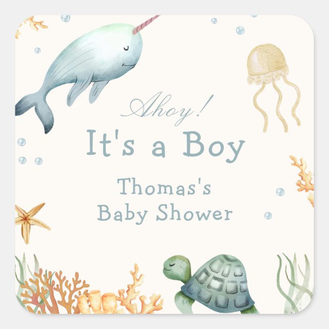 Pegatina Cuadrada Neutral Ahoy Bajo El Baby Shower De Sea Whale Boy (Anverso)