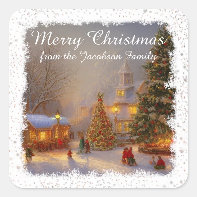Pegatina Cuadrada Nevada Escena De Árboles De Navidad En La Plaza De (Anverso)